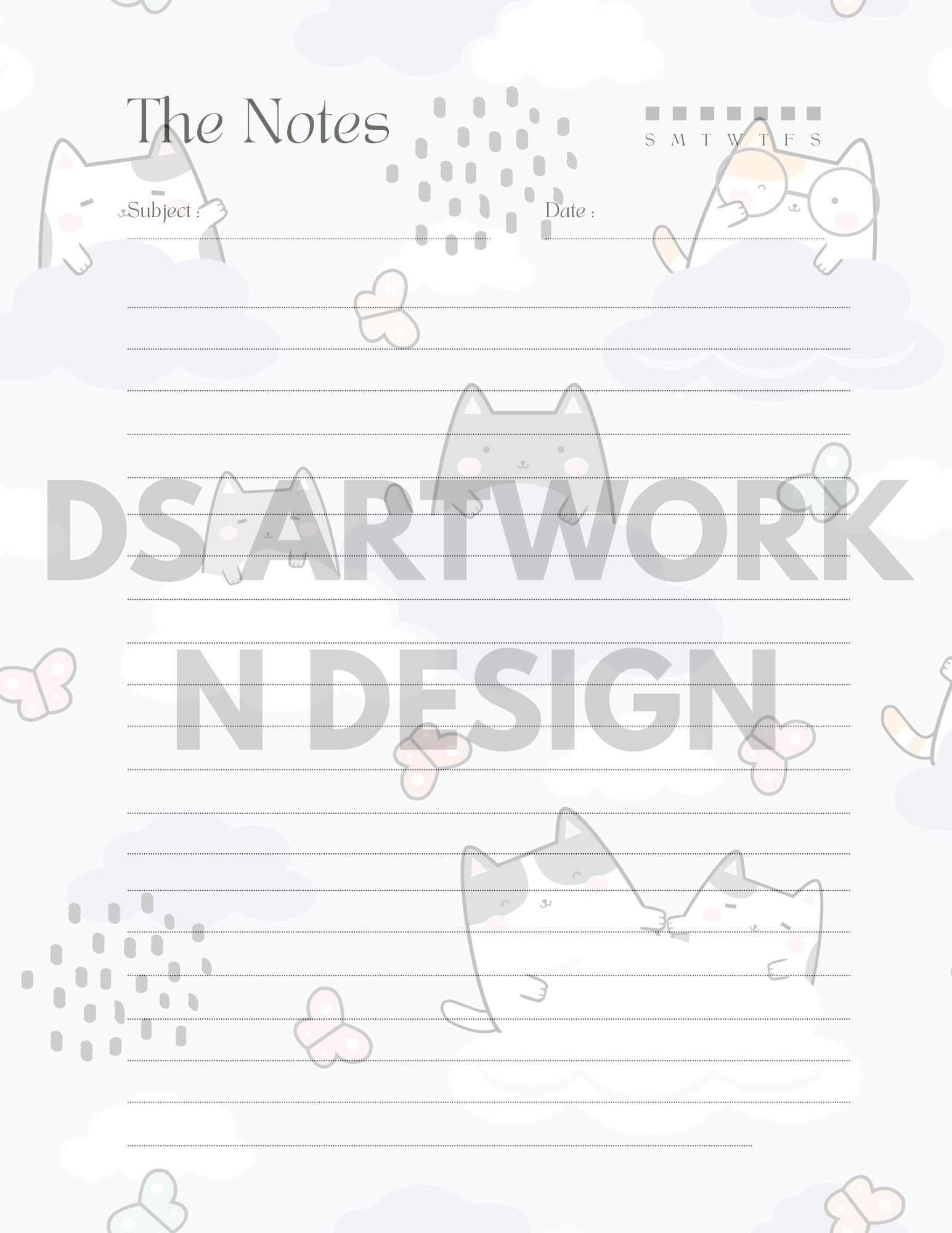 Cute Cat and Polka Dot weekly Planner - digital download - DS Artwork N Design
