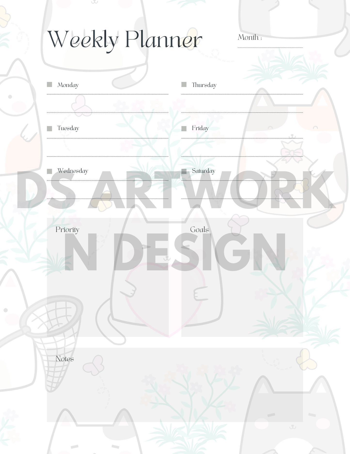 Cute Cat and Polka Dot weekly Planner - digital download - DS Artwork N Design