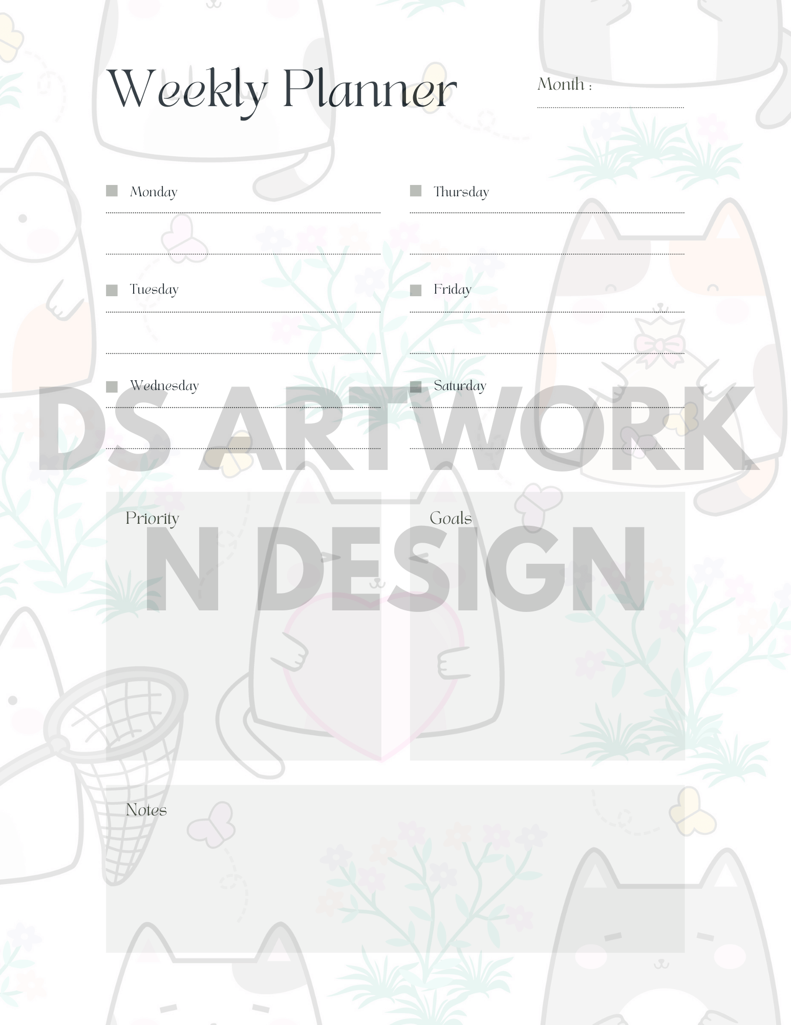 Cute Cat and Polka Dot weekly Planner - digital download - DS Artwork N Design