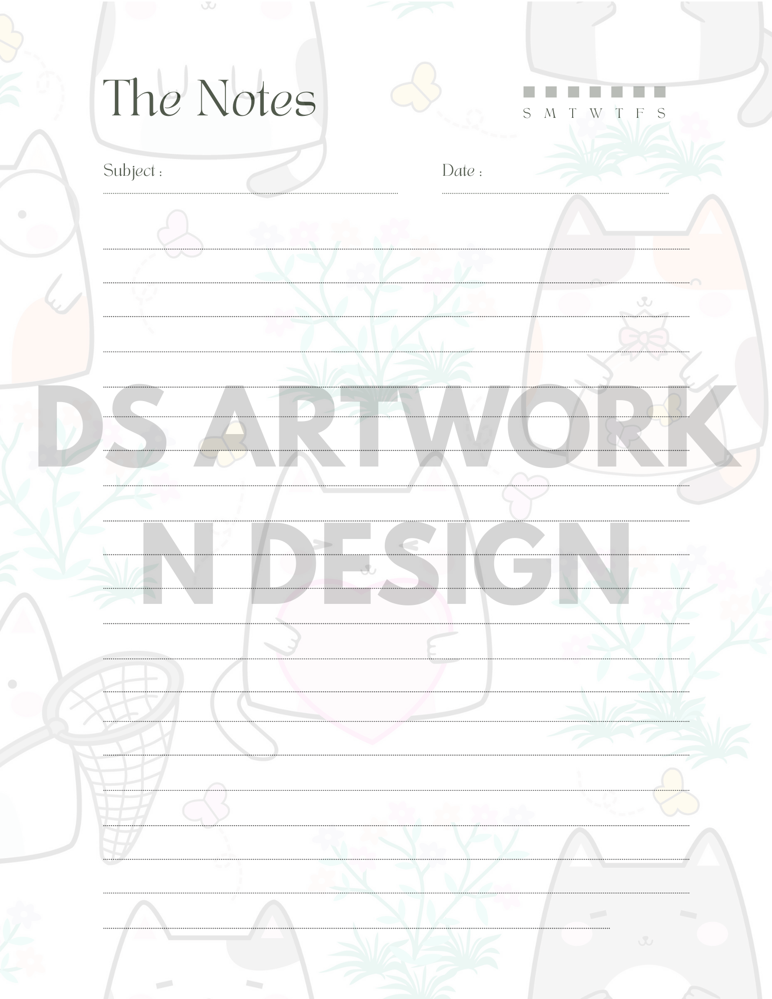 Cute Cat and Polka Dot weekly Planner - digital download - DS Artwork N Design