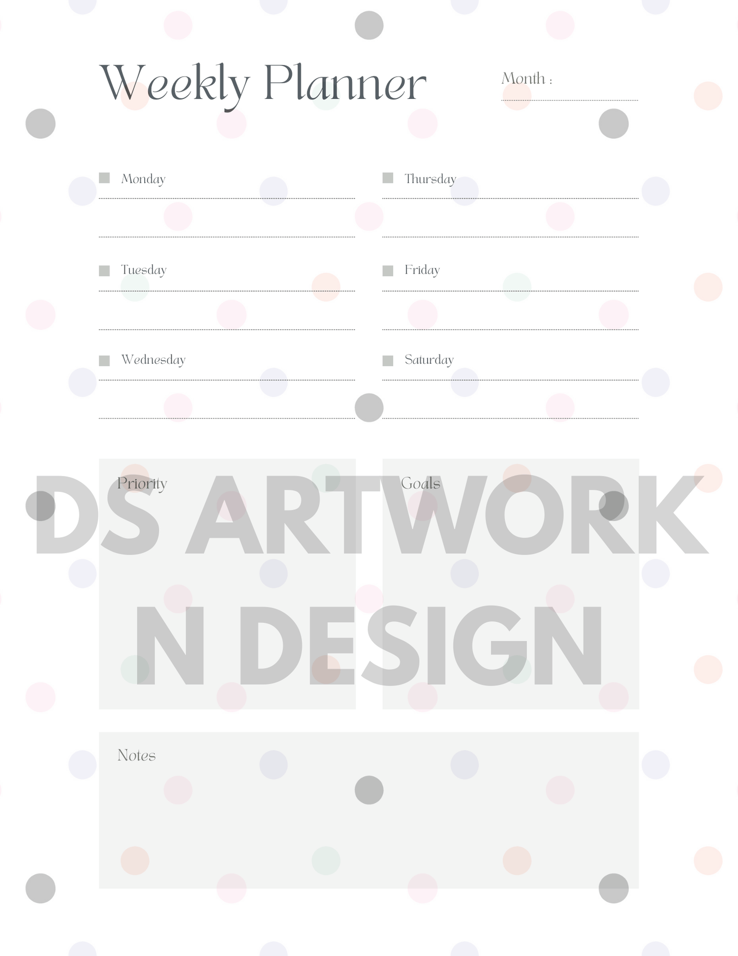 Cute Cat and Polka Dot weekly Planner - digital download - DS Artwork N Design
