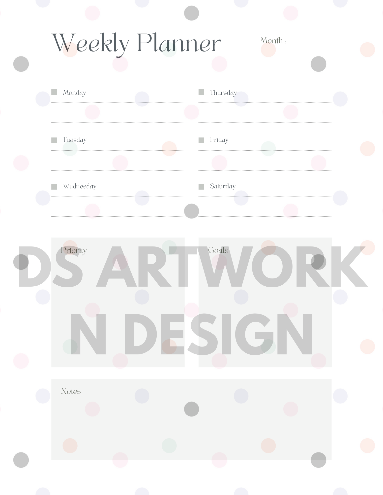 Cute Cat and Polka Dot weekly Planner - digital download - DS Artwork N Design
