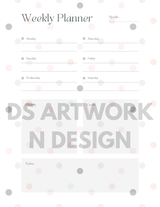 Cute Cat and Polka Dot weekly Planner - digital download - DS Artwork N Design